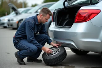 Mécanicien inspectant une roue de secours compacte dans le coffre d'une voiture dans un parking