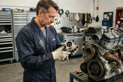 Mécanicien automobile tenant une vanne EGR 1.6 HDi démontée dans un atelier de garage professionnel