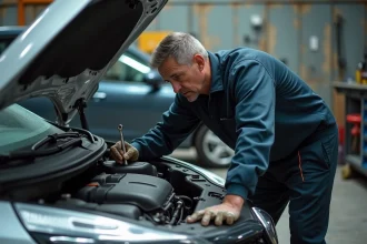 Mécanicien inspectant le moteur 1.5 dCi d'une Renault dans un garage indépendant