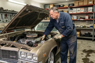 Mécanicien inspectant le moteur V8 d'une Chevrolet Impala dans un atelier automobile avec des pièces de rechange visibles