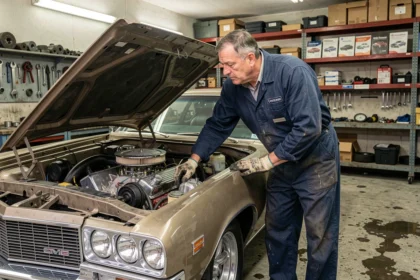 Mécanicien inspectant le moteur V8 d'une Chevrolet Impala dans un atelier automobile avec des pièces de rechange visibles
