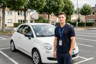 Instructeur de conduite devant une auto-école dans le Val-d'Oise avec un élève dans une voiture blanche
