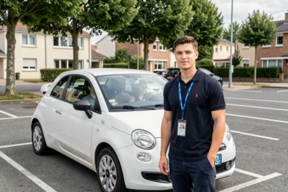 Instructeur de conduite devant une auto-école dans le Val-d'Oise avec un élève dans une voiture blanche