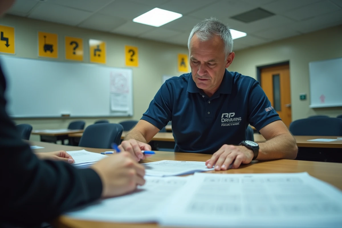 Moniteur d'auto-école expliquant des questions de code de la route sur des fiches PDF imprimées en classe