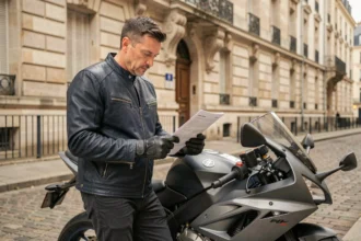 Motard consultant son contrat d'assurance moto dans une rue pavée de Reims