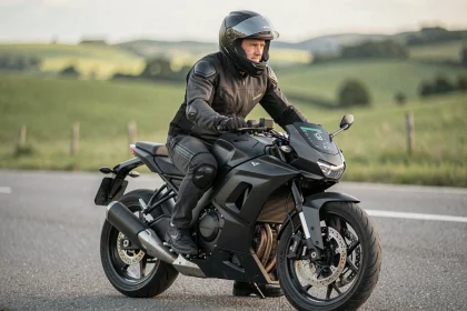 Motard sur une moto électrique moderne avec affichage de l'autonomie sur route ouverte