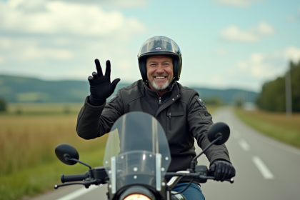 Motard souriant faisant le V en moto sur route de campagne