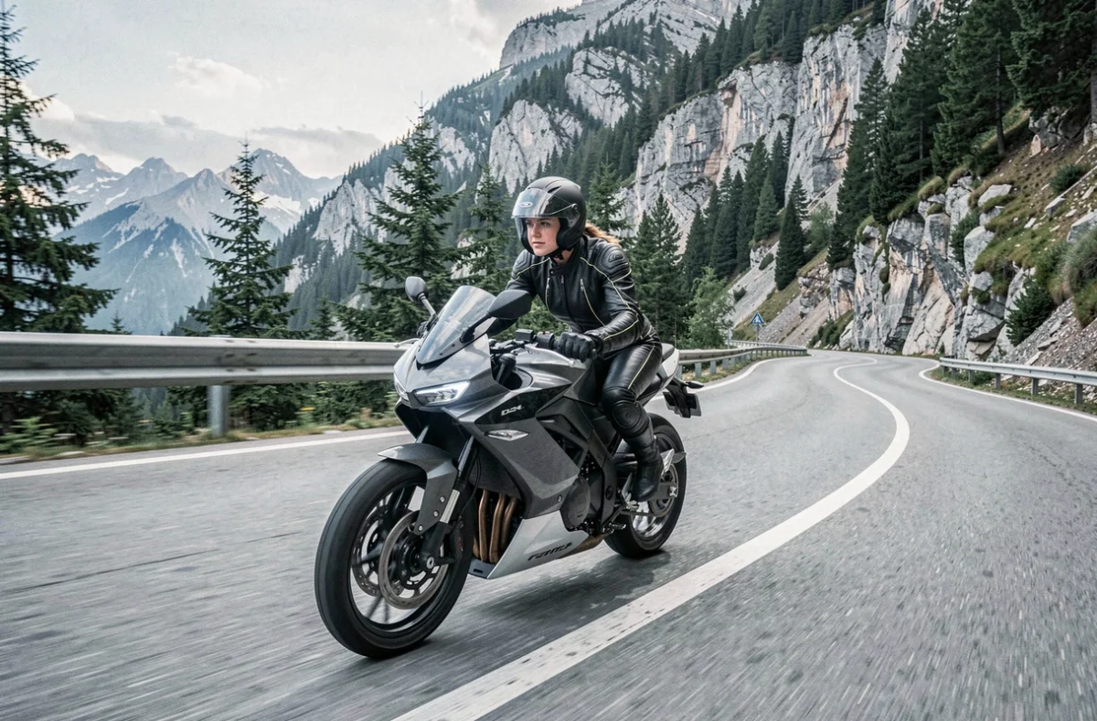 Motarde en pleine action dans un virage de montagne sur moto électrique performante