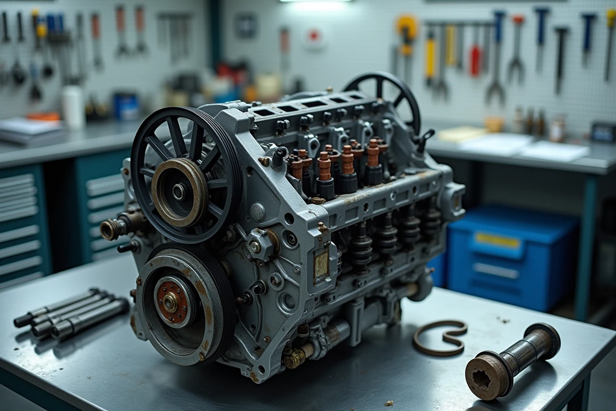Moteur 1.5 dCi Renault démonté sur établi avec injecteurs et arbre à cames visibles