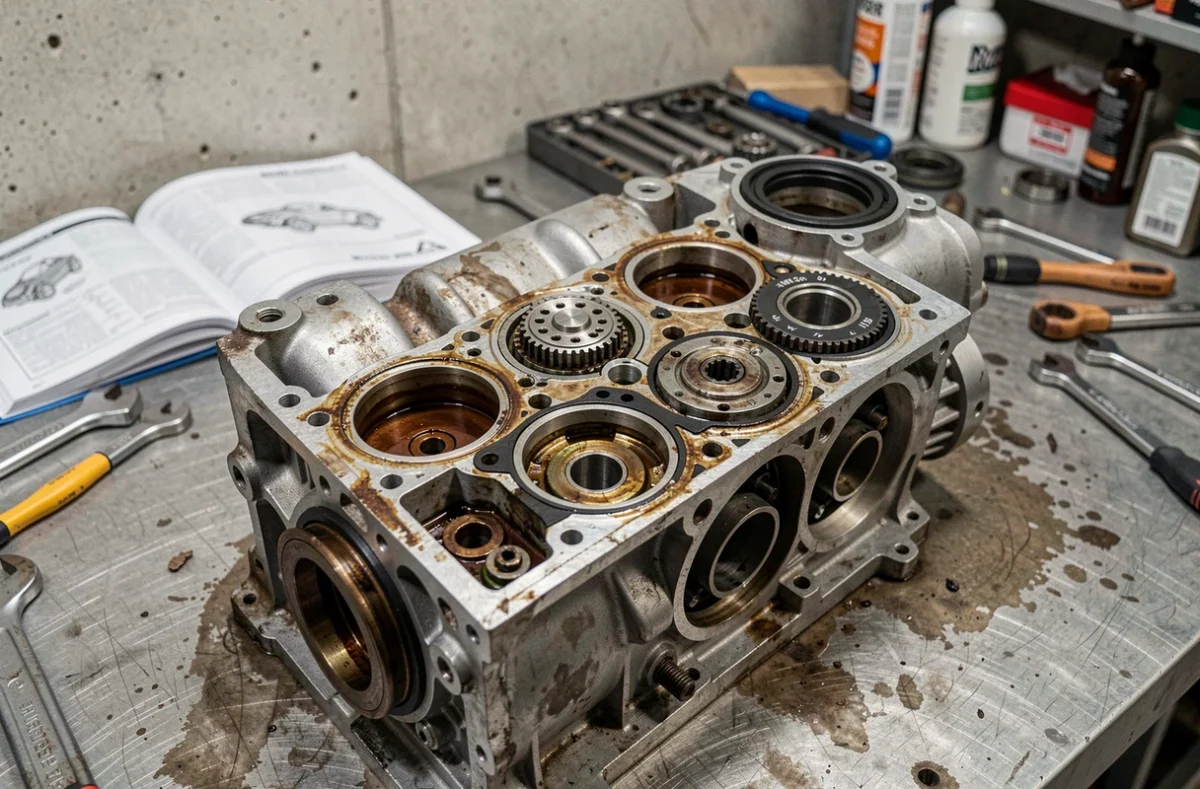 Gros plan d'un moteur Peugeot turbo démonté sur un établi de garage avec des outils de diagnostic