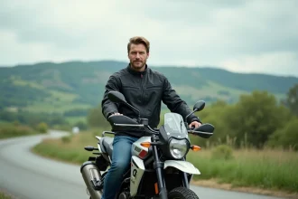 Homme en veste moto assis sur une moto d'aventure en campagne