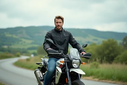 Homme en veste moto assis sur une moto d'aventure en campagne