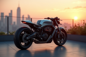 Moto électrique futuriste sur un toit avec vue urbaine au lever du soleil