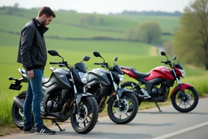 Jeune homme inspectant des Yamaha 125 TZR en campagne