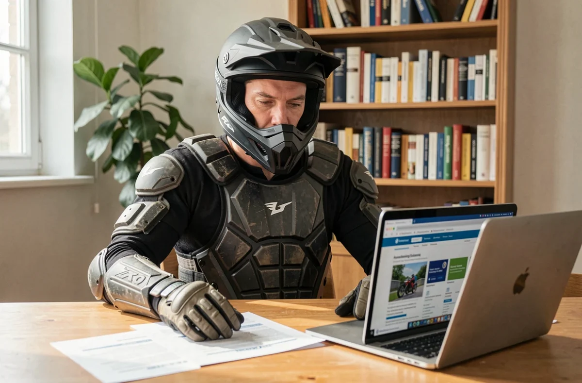 Motocrosseur en équipement de protection consultant des documents d'assurance moto à son bureau