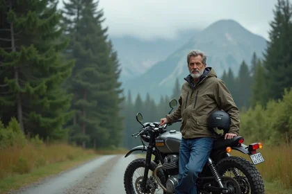 Homme en équipement outdoor avec moto vintage en forêt