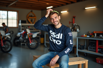 Jeune homme en moto dans un garage organisé