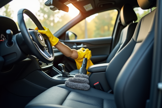 Personne nettoyant l interieur de la voiture avec des gants jaunes