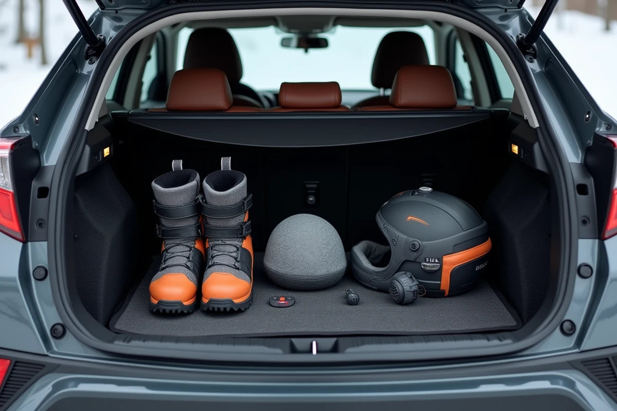 Organisation intérieure du coffre d'un Toyota C-HR avec chaussures de ski, casque et accessoires rangés
