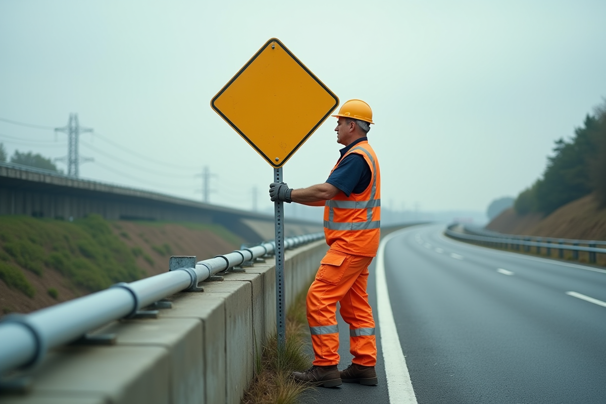 Ouvrier en safety vest installant un panneau de signalisation