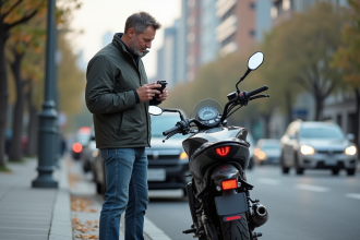 Homme en tenue de moto vérifiant une roue à l'arrière d'une moto en ville