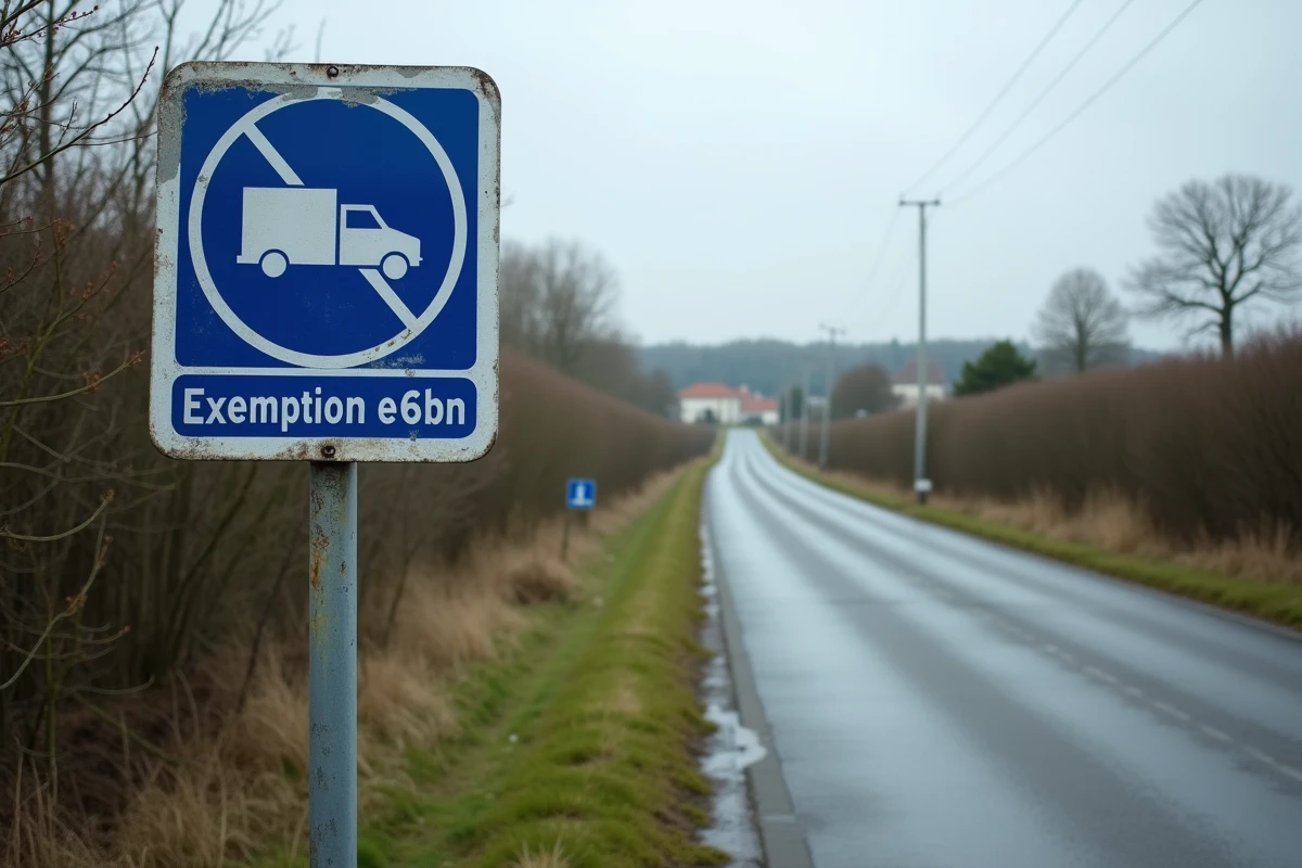 Panneau d'interdiction de circulation pour poids lourds sur une route départementale française avec panneau d'exemption horaire