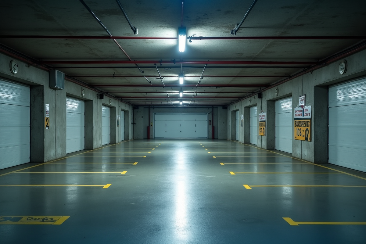 Parking souterrain bien éclairé avec places vides et signalisation