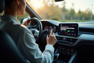 Personne dans une voiture moderne tenant une clé près de l'écran de tableau de bord