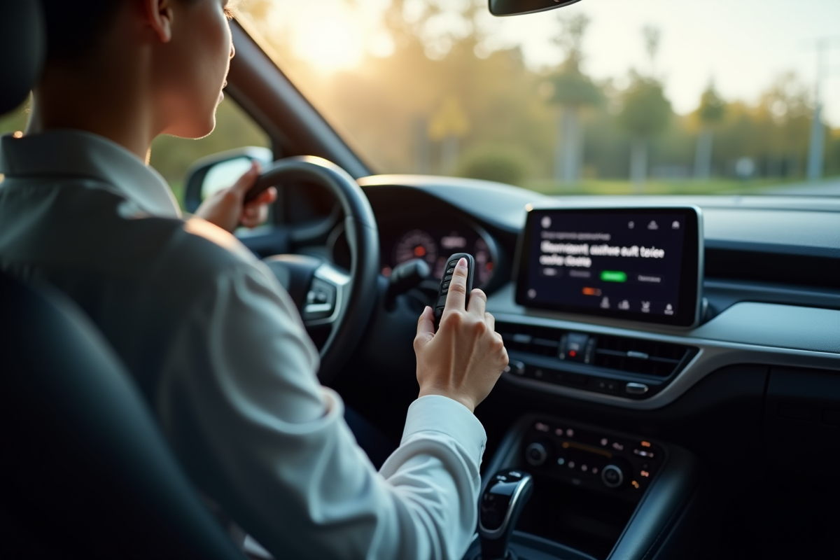 Personne dans une voiture moderne tenant une clé près de l'écran de tableau de bord