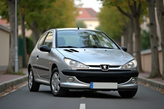 Peugeot 206 hatchback argent garée dans une rue résidentielle française, vue trois quarts avant en contre-plongée