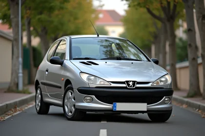 Peugeot 206 hatchback argent garée dans une rue résidentielle française, vue trois quarts avant en contre-plongée