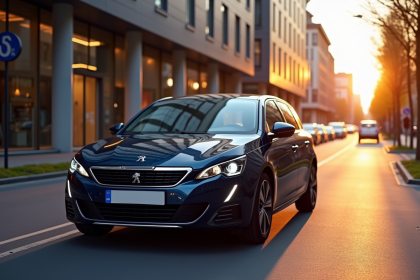 Peugeot 308 neuve stationnée en ville au lever du soleil