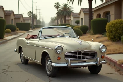 La Peugeot 403 cabriolet de Columbo garée dans une rue typique de Los Angeles, voiture emblématique de la série télévisée