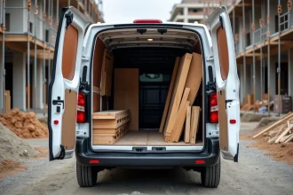 Peugeot Expert grande longueur chargé de matériaux de construction sur un chantier de bâtiment