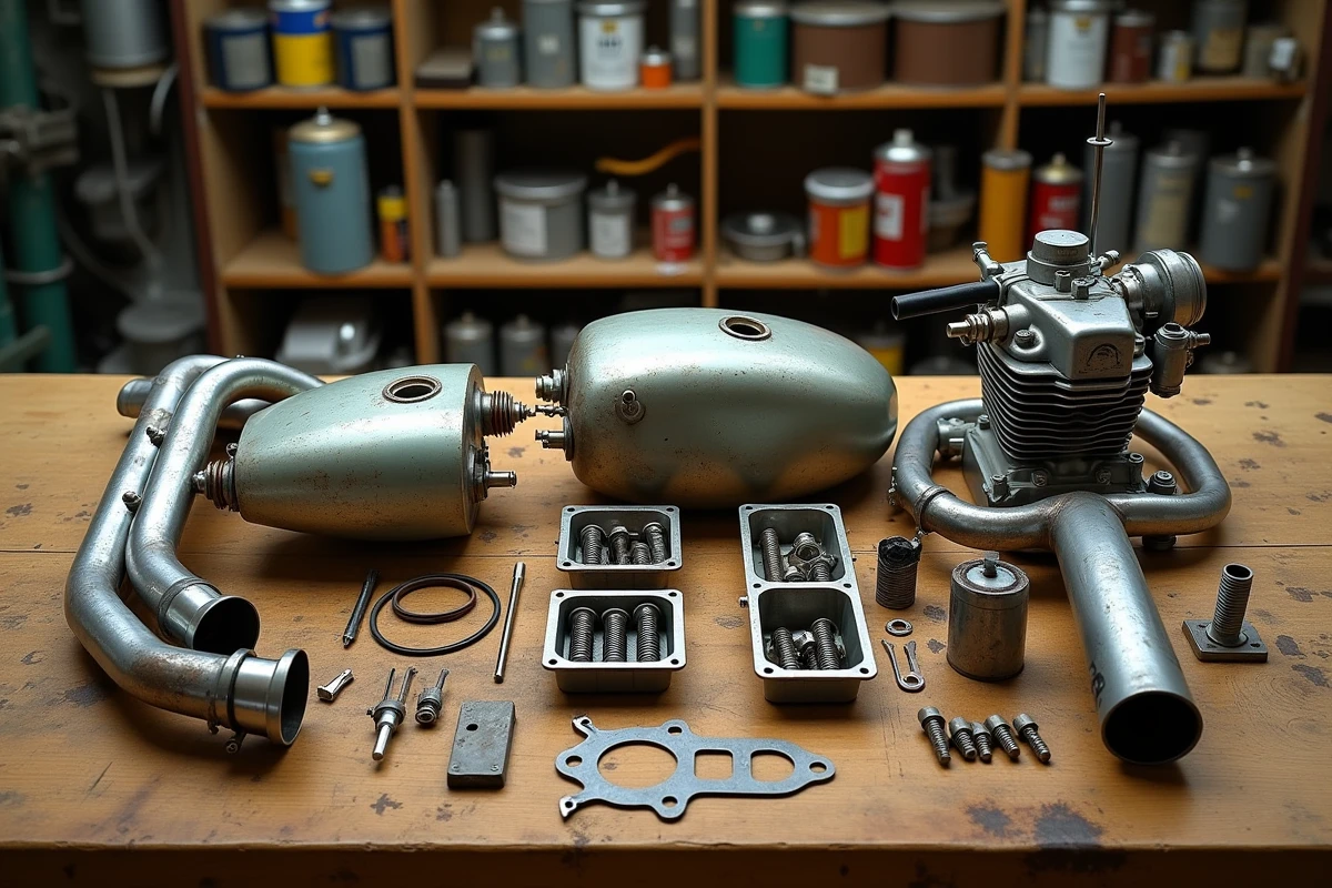 Pièces détachées d'une Honda CB900 Boldor disposées sur un établi en bois pendant une restauration complète