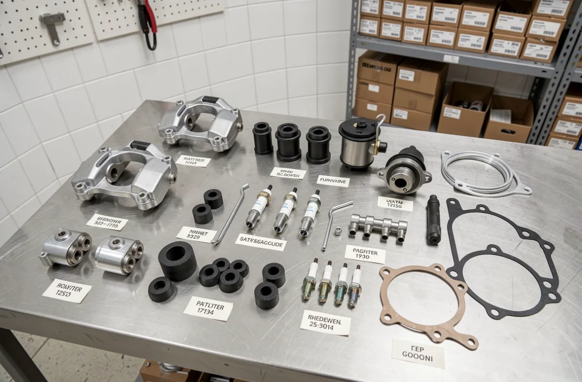 Pièces détachées et upgrades pour Chevrolet Impala disposés sur un établi d'atelier, incluant freins, suspension et système d'allumage