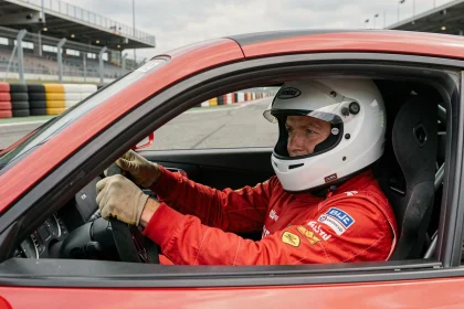 Pilote en combinaison rouge concentré au volant d'une voiture de piste lors d'un stage de pilotage sur circuit
