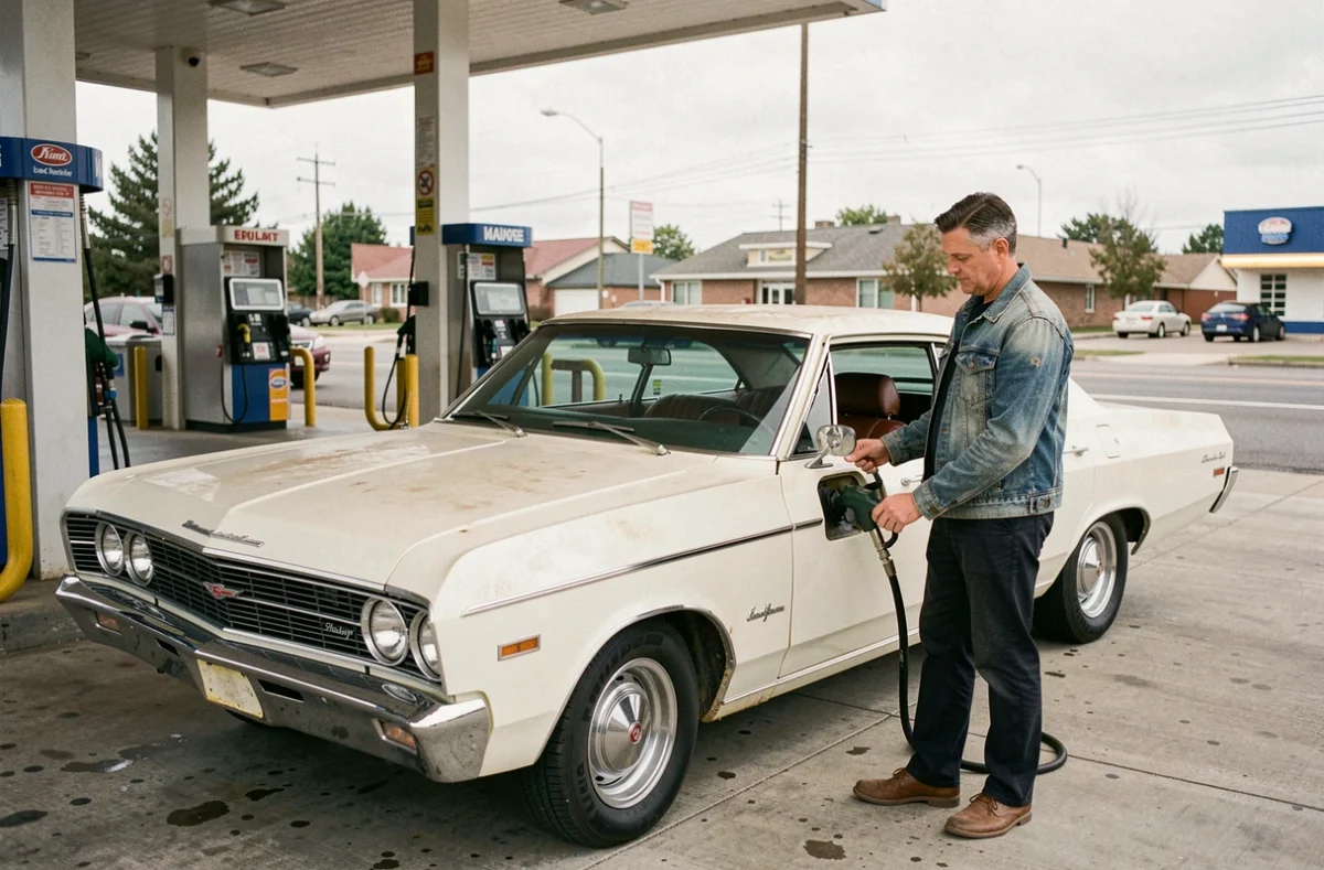 Homme faisant le plein de sa Chevrolet Impala 1967 4 portes blanche dans une station-service lors d'un usage quotidien