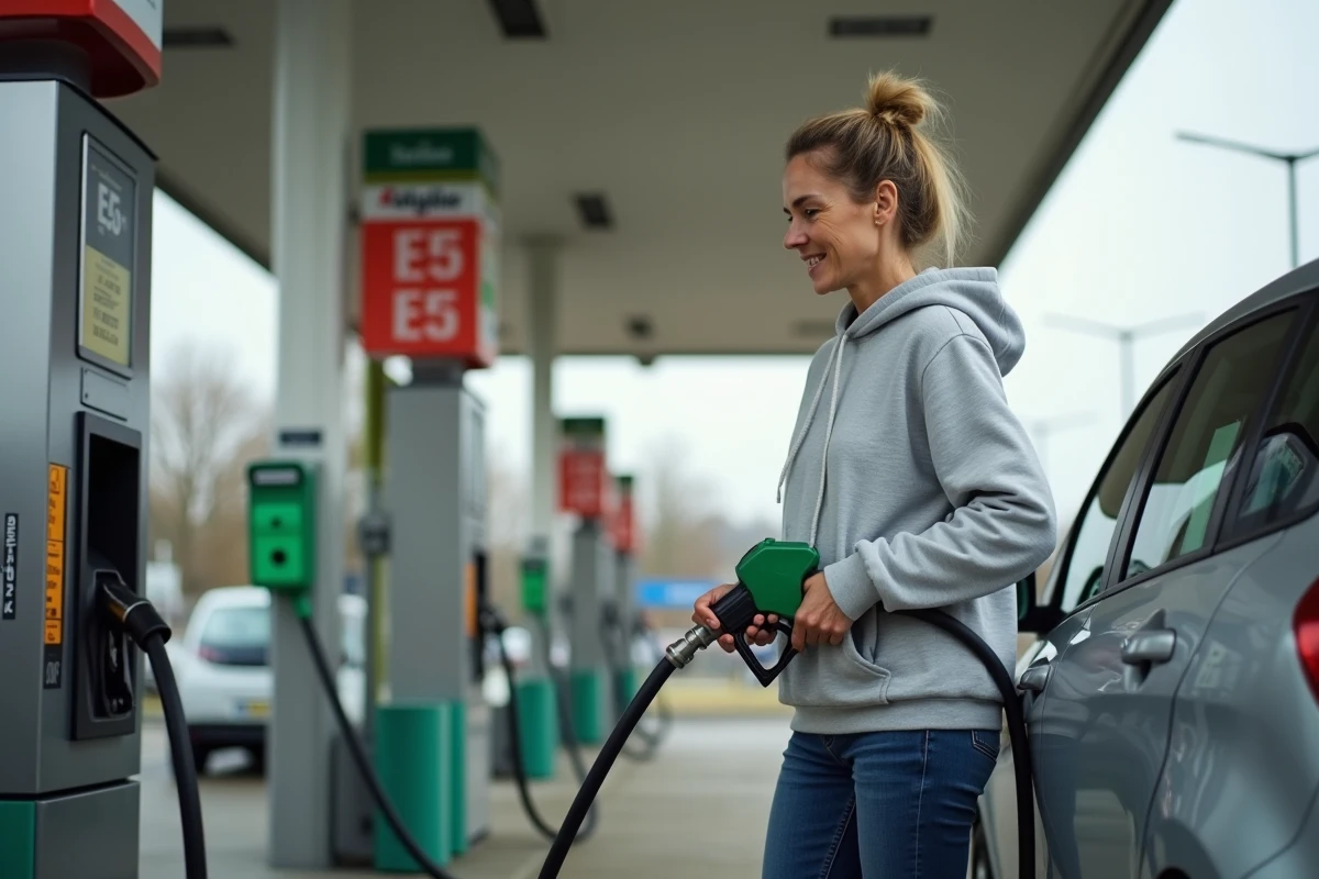 Femme faisant le plein d'éthanol E85 dans une station-service après reprogrammation moteur Shiftech