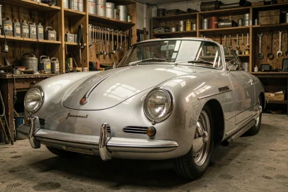 Porsche 550 Spyder argentée restaurée vue en angle avant trois quarts dans un garage vintage authentique, évoquant l'époque de James Dean