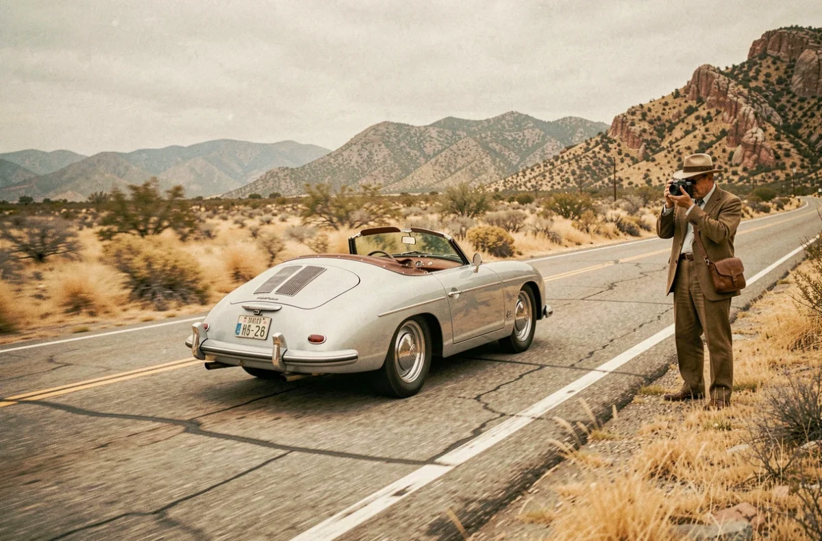 Porsche 550 Spyder de 1955 en mouvement sur une route désertique californienne évoquant le voyage fatal de James Dean, avec photographe en tenue d'époque