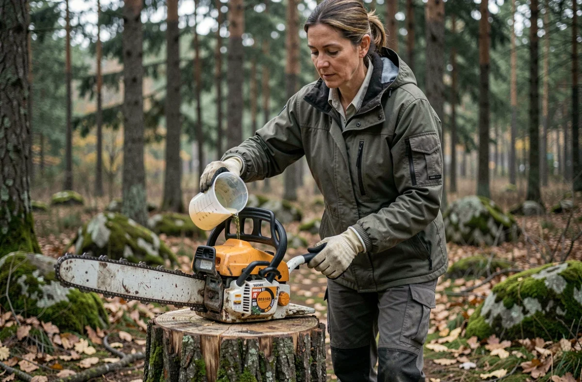 Femme préparant un mélange essence huile pour une tronçonneuse en forêt