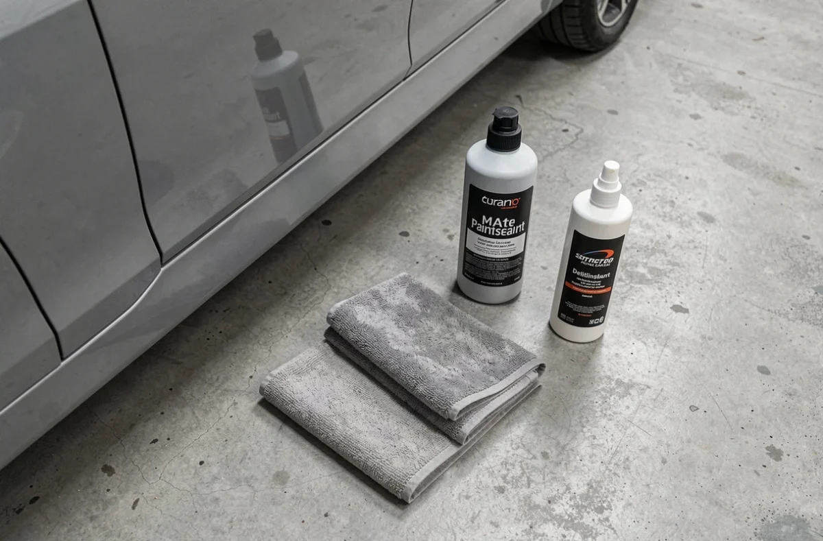 Produits d'entretien pour peinture mate gris nardo disposés sur béton, incluant scellant, éponge applicatrice et chiffons microfibre