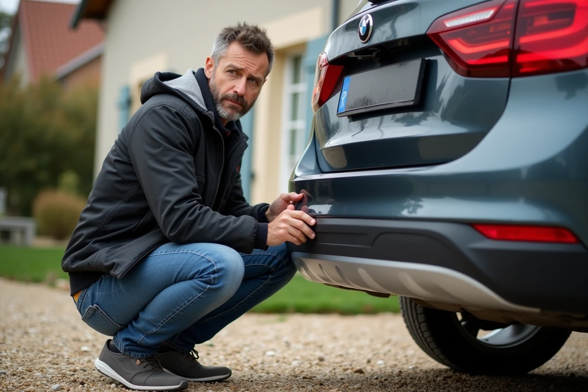 Propriétaire de voiture inquiet devant sa plaque d'immatriculation noire non homologuée