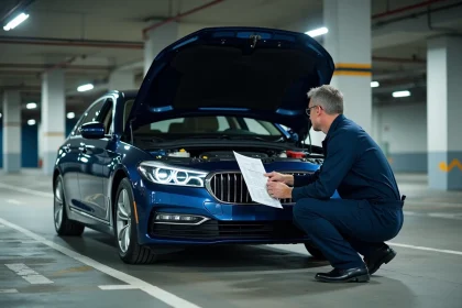 Mécanicien consultant une fiche technique de puissance moteur 100 kW devant une berline moderne dans un parking souterrain