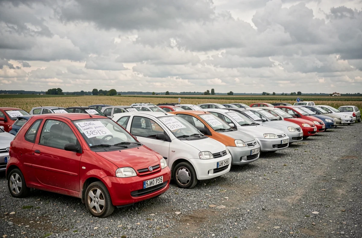 Rangée de voitures sans permis d'occasion sur un parking de vente dans l'Aisne