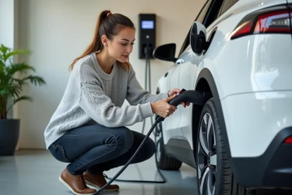 Femme branchant un câble de recharge sur une voiture électrique dans un garage résidentiel moderne avec borne de recharge murale