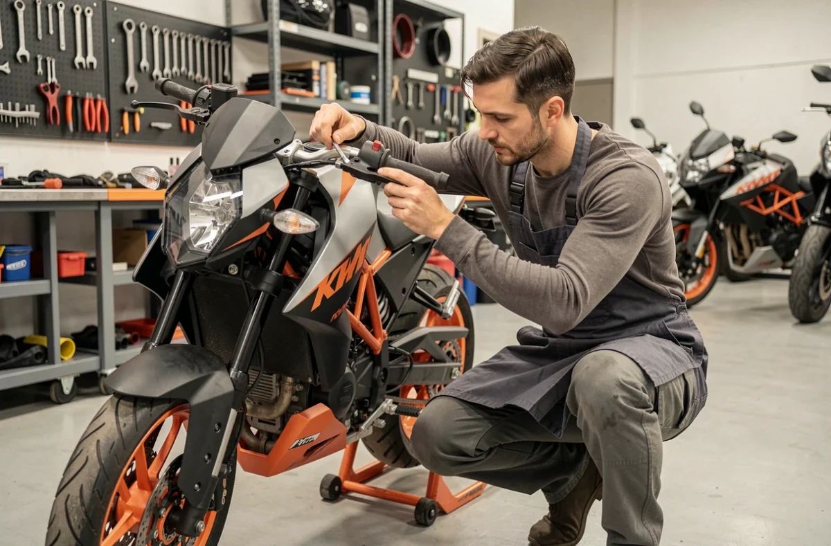 Technicien réglant la position du guidon d'une KTM Duke 125 2026 dans un atelier moto