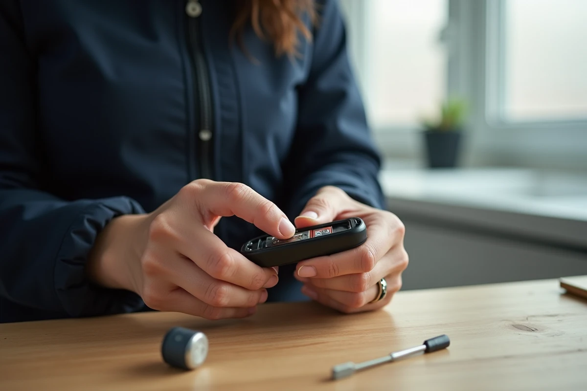 Femme remplaçant la pile d'une clé Renault Clio 4 ouverte sur une table
