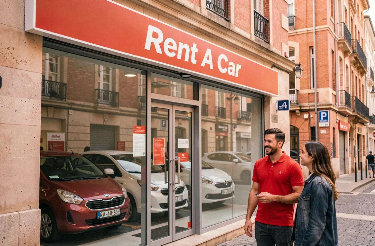 Façade de l'agence Rent A Car Toulouse avec agent en polo rouge accueillant des clients devant l'entrée vitrée